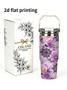 1pc/5pcs 30oz Purple Halloween Floral Insulated Tumbler, Stainless Steel With Handle, Straw And Leak-Proof Flip Lid, Romantic Purple Flower, Spider Web And Pumpkin Print, Suitable For Birthday And Holiday Gifts, Ideal For Travel, Work, Fitness And Daily Outdoor Use - Purple - Floral Spider Web - View 2