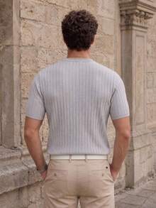 Men's Vertical Ribbed Knit Short Sleeve, Slim Fit Casual Basic Streetwear Top - Light Grey - View 3