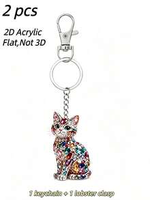 2D Flat, 2pcs Set: 1 Kitten Keychain + 1 Lobster Clasp, Brand New Two-Dimensional Flat Design, Cat Party-Style Keychain. Suitable For Keychain Promotional Gifts, Packaging Decoration, Backpack Embellishment. A Heartwarming And Sincere Gift - Multicolor - View 9