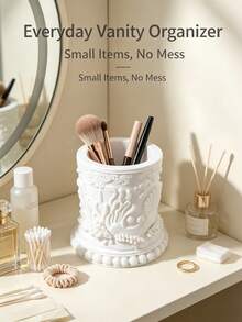 Retro Relief Makeup Brush Storage Tube, Multifunctional Desktop Storage Box, , Desktop Decoration, White Ocean Carved Makeup Brush Tube, Multifunctional Desktop Dressing Table Storage, Bedroom Bathroom Desktop Home Decoration Storage Tube - Multicolor - View 6