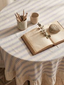 1pc Beige Base Blue Fine Striped Round Tablecloth, Natural Rustic Style Fabric, Round Beige With Scalloped Edge And Patchwork Detail, Decorative And Functional, Suitable For Daily Home And Rustic Dining Table Decor - Blue - View 3