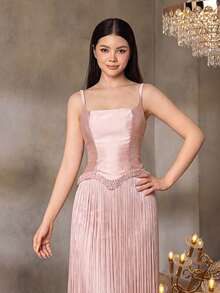 ALISA&LEO Fashionable Wide Strap Cinched Waist Formal Dress With Pearl Beaded Tassel Hem, Suitable For Teenagers, Perfect For Prom, Gala, Homecoming Dance And 16th Birthday Party - Pink - View 3