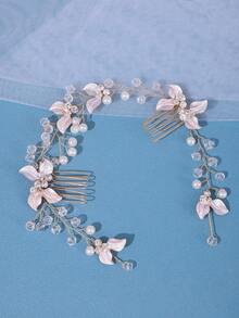 1pc Light Pink Leaf Pearl Rhinestone Bridal Hair Comb Set, Gold Crystal Wedding Side Hair Comb, Bridal Bridesmaid Prom Party Hair Accessory - Multicolor - View 3