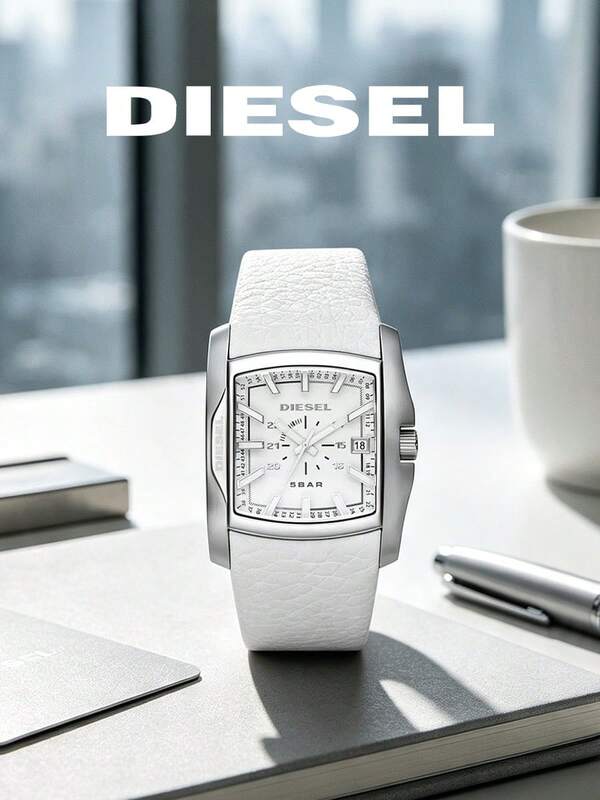 Diesel DZ1406 白色手錶，長方形石英類比腕錶，銀色錶殼，白色錶帶，經典時尚配件