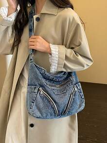 Washed Distressed Denim Crossbody Bag For Women, Multi-Zipper Pockets Large Capacity Vintage Hobo Utility Style Bag, Can Fit Tablet, Umbrella, Cosmetics And Other Daily Essentials. - Baby Blue - View 4