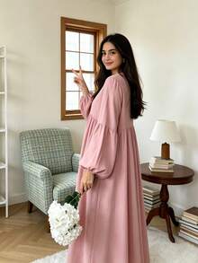 Conservative Abaya Long Dress With Ruffle Cuffs, Pleated Fabric Layered Waist Muslim Long Dress, Casual Islamic Clothing - Multicolor - View 6