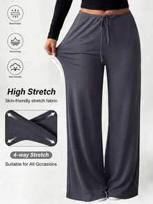 Women's Knitted Straight Leg Pants, Medium Stretch, With Faux Drawstring, Fashion Long Pants - Dark Wash - View 8