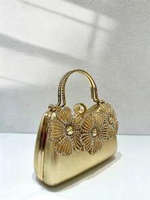 Women Gold Evening Clutch Bag, Curved Hard Frame Purse, 3D Hollow Rhinestone Floral Pattern, Luxury Elegant Handbag For Wedding Prom Formal Part - Gold - View 5