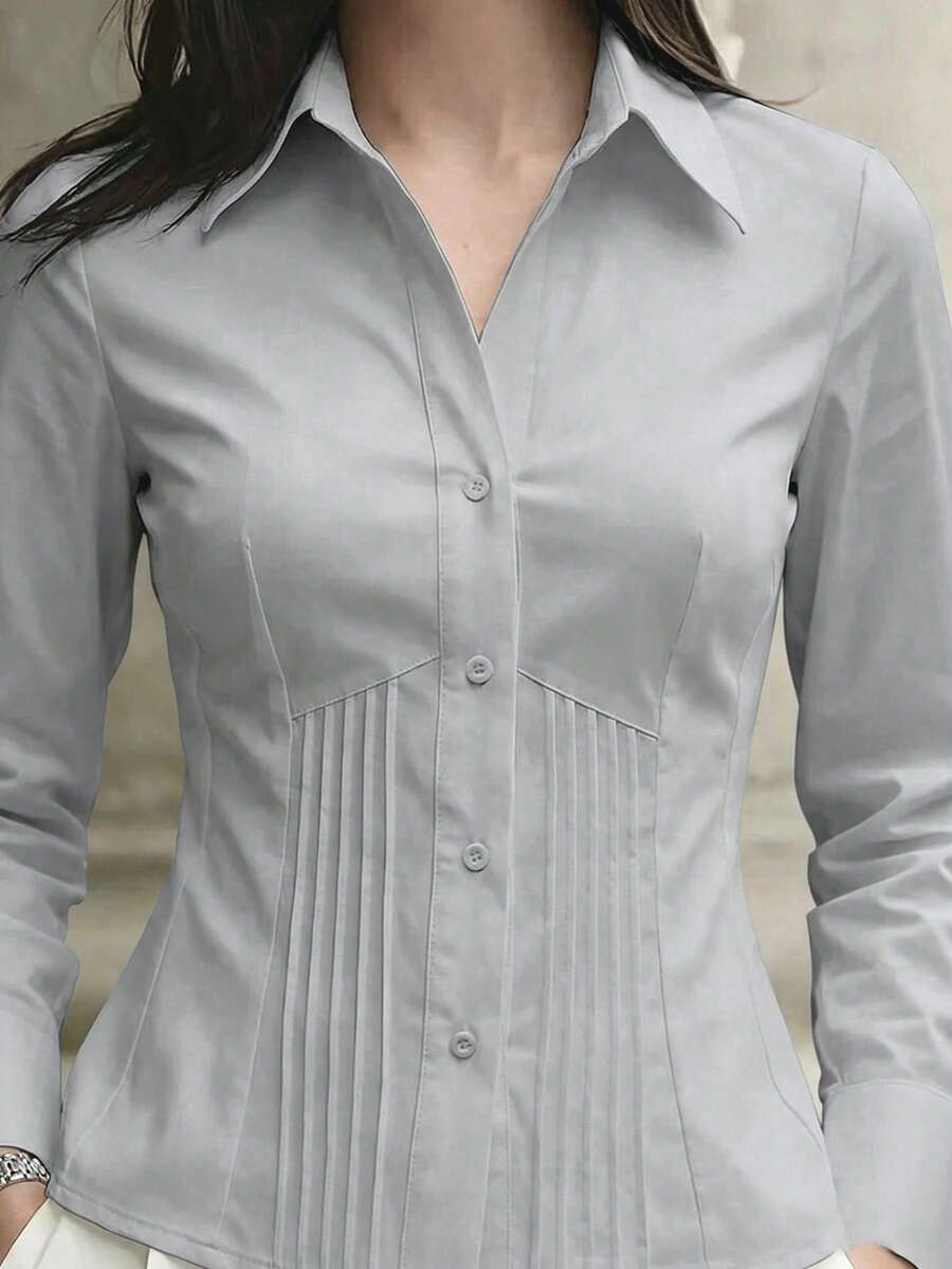 1pc Women's White Solid Button-Down Shirt, Elegant Slim Fit Long Sleeve Blouse For Office, Casual, Home, Daily Wear And Dating, All Seasons - Grey - View 1