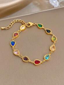 Women's Elegant Luxury Colorful Zirconia Chain Necklace & Bracelet Set, Stainless Steel Gold Chain Necklace, Party Birthday Christmas Jewelry Gift - Multi-color 2 - View 11
