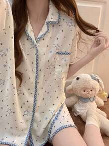 2pcs/Set Piyama Wanita, Cardigan Berkerah Motif Bintang, Celana Pendek Lengan Pendek Minimalis, Musim Semi/Panas - Blue and White - View 10