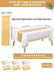 6pcs White & Gold Polka Dot Tablecloth With Satin Table Runner - 54"X108" Disposable Plastic Tablecloth And 12"X108" Gold Table Runner Set, Suitable For Wedding, Birthday, Halloween & Christmas Party Decoration - Multicolor - View 12