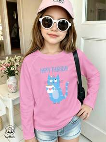 Girls Cotton Twill Long-Sleeved T-Shirt, Autumn/Winter Style, With A Blue Cat Print, In A Cute And Sweet Preppy Style - Light Wine Red - View 1