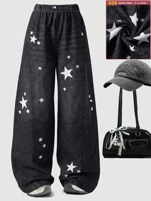 Lurzo Girls Y2K Retro Loose Fit Denim Effect Wide Leg Pants, Star Print & Faux Pocket Design, Y2K Street Style, Suitable For Daily Wear - Black - View 2