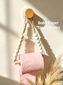 2pcs/1est Boho Wooden Bead Paper Towel Holder, Wall‑Mount No‑Drill Tissue Roll Rack, Farmhouse Hanging Towel Organizer, Halloween Christmas Back‑To‑School Essential For Bathroom Kitchen Decor - Multicolor - View 4