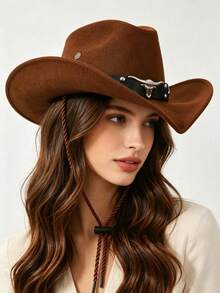Women Western Cowboy Hat, Retro Wide Brim Cowgirl Hat With Metal Bull Head Rivet Decor, Wind Rope Adjustable Faux Suede Party Travel Festival Sun Hat - Folded Three-strand Rope Cowhide Hat - View 4