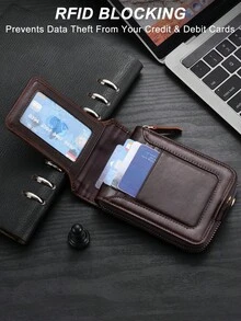 VINCESS Men's Vintage Cow Leather Wallet, Casual Genuine Leather Wallet, Anti-Theft Multi-Layer Card Slots, ID Window, Zipper Cash Compartment, Secure And Convenient For Daily Use, Men's Holiday Gift - Coffee Brown - View 3