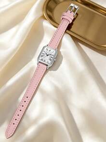LUCKYFOX 女款奢華極簡羅馬數字方形小錶盤石英手錶，配皮革錶帶，1件裝盒，適合日常配戴與返校穿搭 - 粉色 - 查看 4