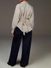Blue & White Striped Back Tie Waist Blouse For Women, Loose Fit Lapel Long Sleeve Design Top - Brown - View 5