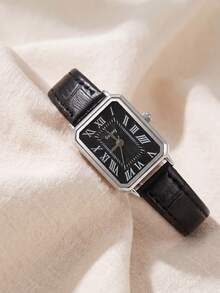 GoGoEy 1pc/Set Vintage Rectangular Roman Numeral Women's Quartz Watch, Black Bamboo Texture Leather Strap Wristwatch, Fashion Minimalist Commuter Niche Style Women's Watch For Daily Wear, Dating, Party, Birthday, Holiday Gift - Black - View 2