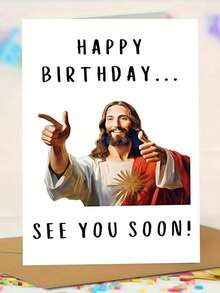 1pc Meme Style Humorous Religious Theme "See You Soon" Birthday Card, Includes Envelope, Thick Matte Writable Paper, Casual Handwritten Font Minimalist Jesus Portrait Design, Suitable For Lighthearted Satirical Celebration Card - Multicolor - View 2