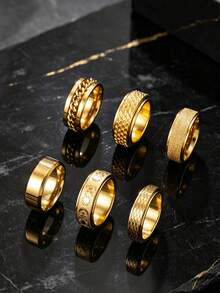 Hipoem 6pcs Hip Hop Fashion High-End Stainless Steel Chain Sun Moon Fish Scale Matte Multi-Style Combination Rings Men's Birthday Outfit Accessories - Gold - View 2