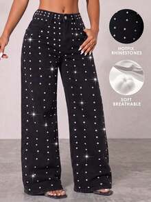 Celana Jeans Wanita Model Custom Bead Low Waist Wide Leg Casual Blue Ripped Slanted Pocket Curved, Pakaian Musim Gugur/Musim Semi Hitam - Hitam - View 5