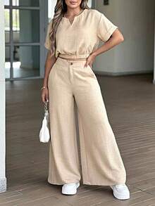 Women's Summer New Solid Color Elegant Zipper & Button Polyester Fabric 2 Pieces Set, Loose & Comfortable For Daily Wear, Vacation, Spring/Summer - Apricot - View 3