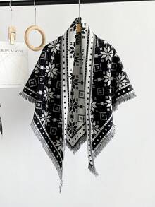 1PcWomen Winter Snowflake Geometric Print Fringe Triangle Shawl, Soft Imitation Cashmere Warm Wrap Scarf, Versatile Outer Cape For Fall Daily Outfit - Multicolor - View 4
