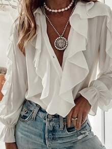 Plus Size Elegant Commuter Solid Color Ruffle Top White - White - View 4