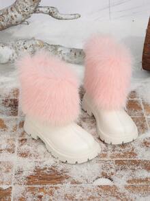 Girls' Pink Fluffy Fur Trim Round Toe Back Zipper Design Warm Comfortable Ankle Boots, Suitable For Daily Wear - Pink - View 1