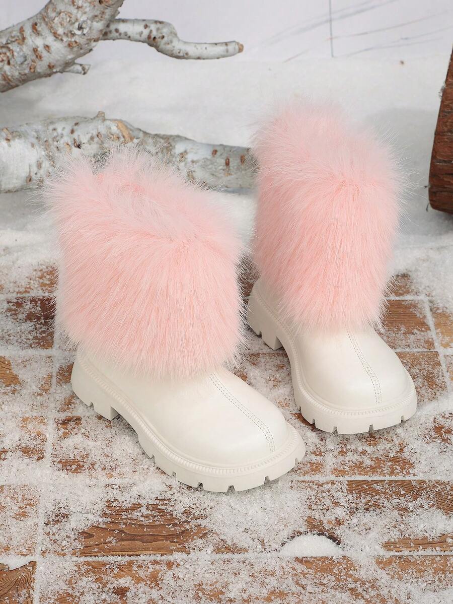 Girls' Pink Fluffy Fur Trim Round Toe Back Zipper Design Warm Comfortable Ankle Boots, Suitable For Daily Wear - Pink - View 1