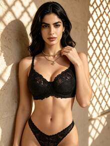 Temptuelle Women's Lace Patchwork Jacquard Wavy Underwire Supportive Push-Up Bra - Black - View 5
