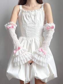 1 Pair Girls Lace Trim Patchwork Arm Sleeves, Ballet Style White & Black Sleeve Covers, Sweet Cute Lolita Bowknot Arm Warmers - Multicolor - View 4