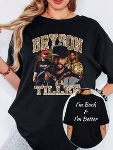 Brysons Tillers Multi Portrait Glitter Letter T Shirt Retro R&B Star Graphic Hip Hop Streetwear Short Sleeve Tee. - Black - View 1