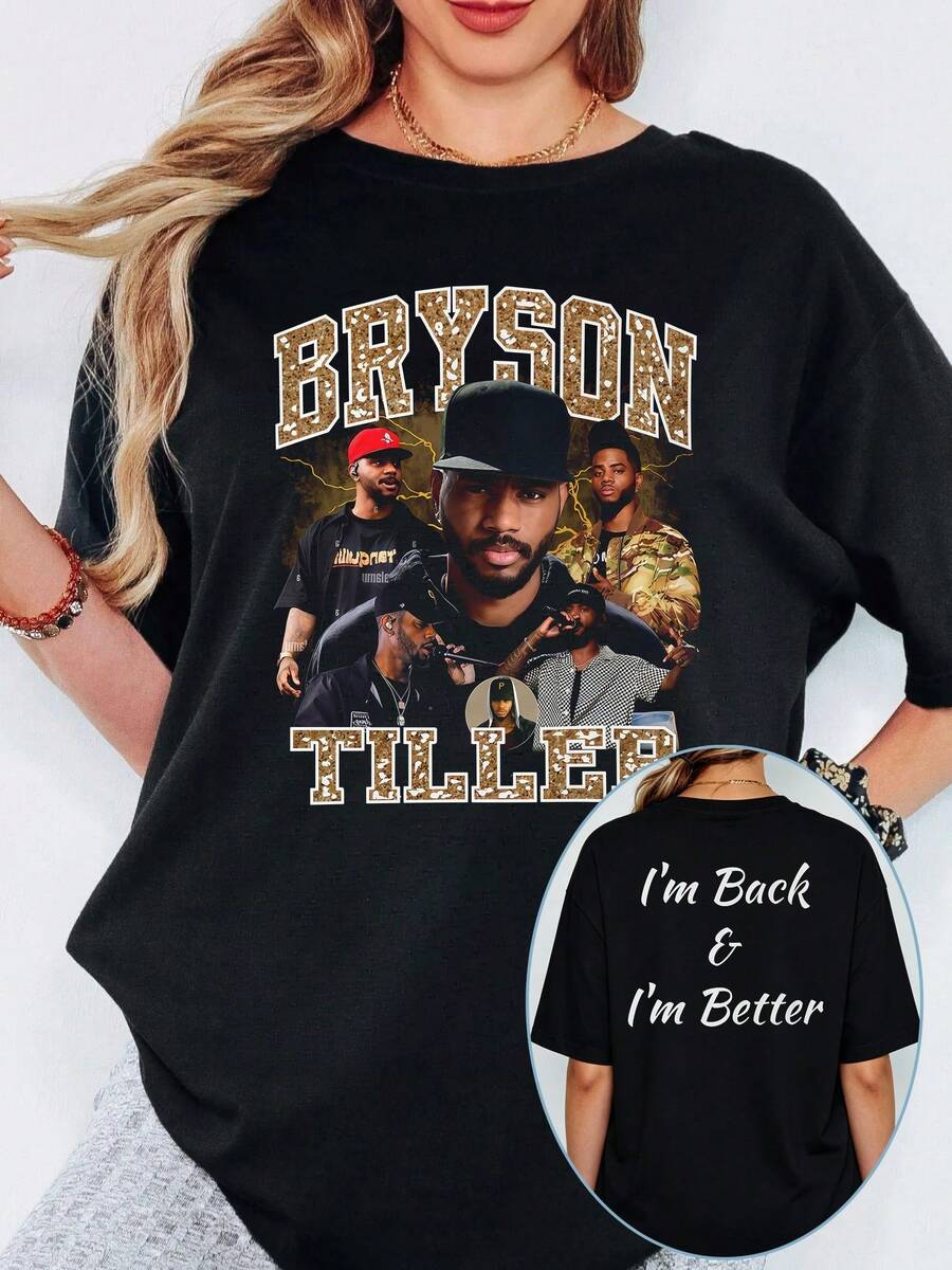 Brysons Tillers Multi Portrait Glitter Letter T Shirt Retro R&B Star Graphic Hip Hop Streetwear Short Sleeve Tee. - Black - View 1