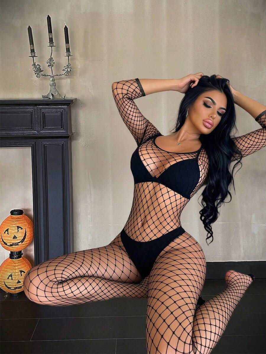 Women's Sexy Lingerie Fishnet Bodysuit Tight-Fitting Long Sleeve Bikini Hollow-Out Transparent Mesh Outfit For Daily Sexy Wear - Black - View 1