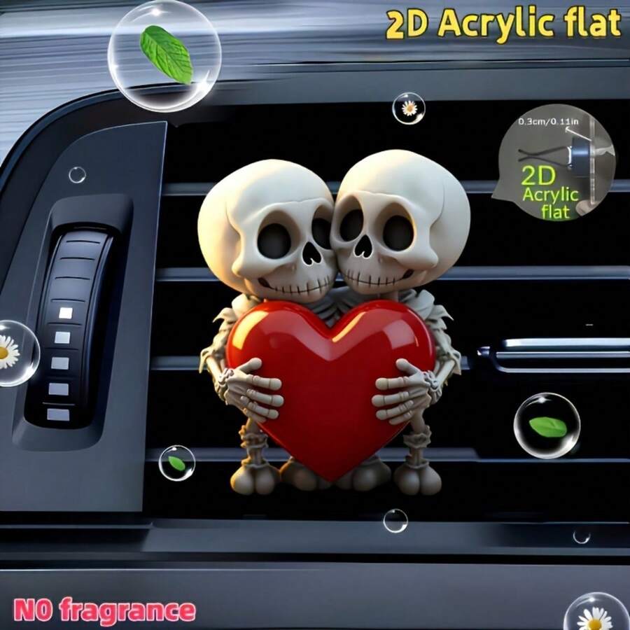 2D Flat Couple Skulls & Heart Car Air Vent Clip - Random Scent, Acrylic Cartoon Decor, Great For Halloween & Holiday Gifts