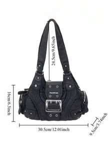 Y2K Metal Buckle Rivet Shoulder Bag, Vintage Washed Faux Leather Hobo Bag, Detachable Crossbody Strap Casual Handbag - Black - View 2