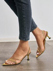 Women's Elegant Gold High Heel Sandals, Vacation, Shiny Metallic Pointed Toe Kitten Heel Shoes With Elastic Back Strap, Suitable For Party - Gold - View 4