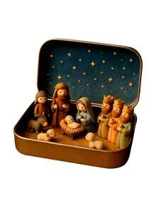 1 Set/1 Piece Christmas Nativity Scene Set In Metal Box, Christmas Nativity Scene Set, Jesus Statue, Suitable For Holy Family, Statue Metal Box Set, Handmade Small Nativity Scene Set, Holiday Decoration, Gift - Multicolor - View 7