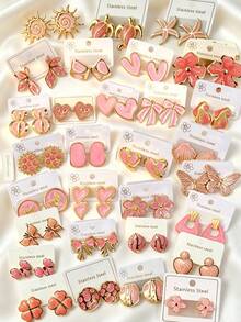 Assorted Random Styles, Cute Pink Enamel Stud Earrings Set, 5 Pairs/10 Pairs Random Sweet Heart, Flower, Star, Cherry Dangle Earrings, Hypoallergenic Stainless Steel Ear Pendant Jewelry, Women & Girls Daily, Vacation, Party Accessories - Pink - View 3
