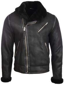 AVIATRIX Men's Genuine Leather Shearling Jacket OBRS Black - Black - View 6