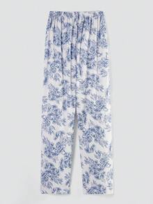 Women's New Autumn/Winter Long Sleeve Shirt & Pants 2 Pieces Pajama Set, All-Over Print, Pocket Design, Eye Mask & Hair Scrunchie, Casual Comfortable Loungewear - Blue - View 5