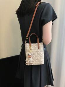 Women's Mini Tote Crossbody Bag, Vintage Letter Print Handbag With Bear Pendant And Gold Hardware, Detachable Shoulder Strap, Lightweight Retro Daily Bag - Multicolor - View 5