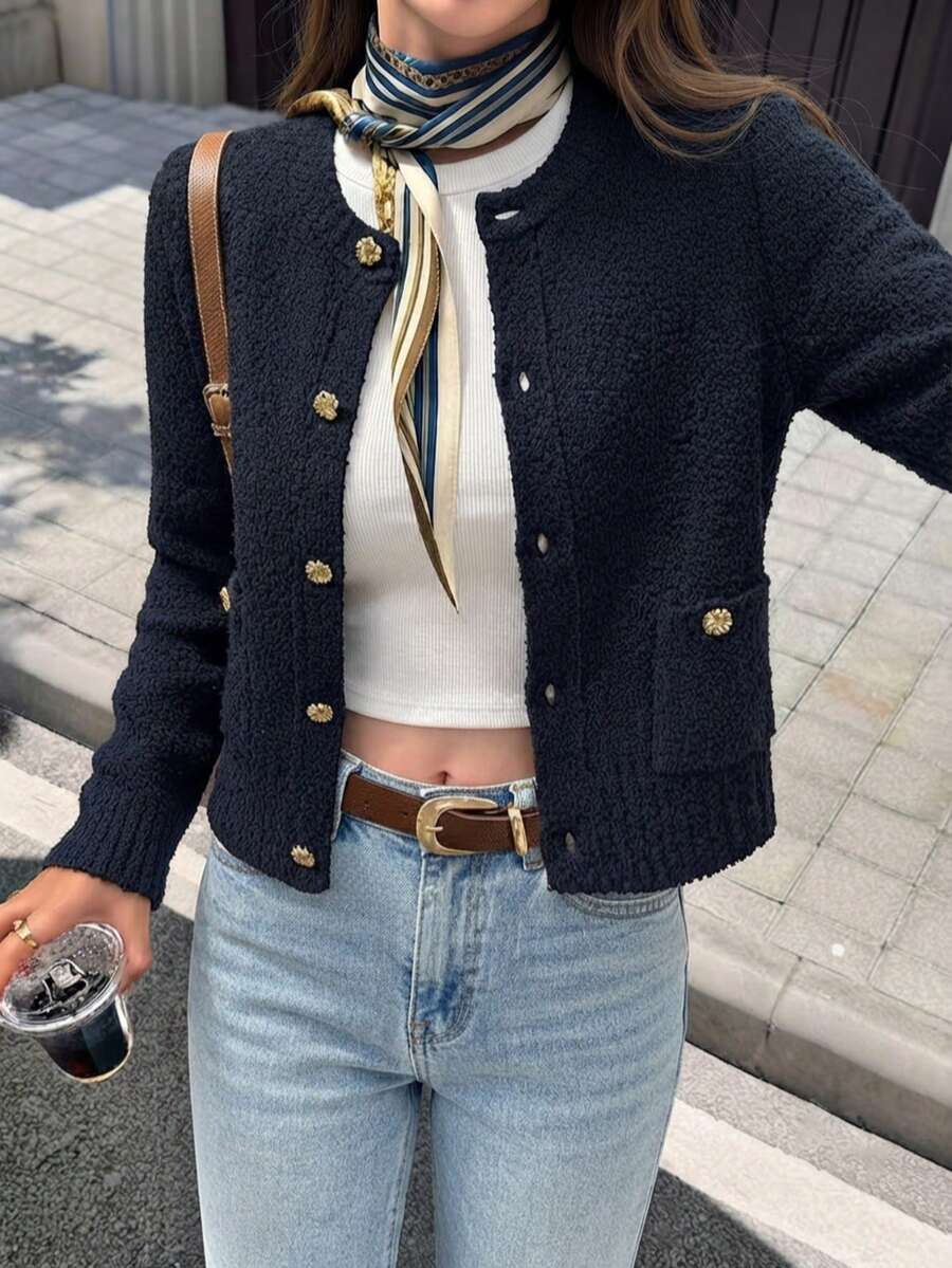 Atasan Sweater Lengan Panjang Kancing Warna Polos Elegan untuk Wanita, Model Terbaru Musim Gugur/Dingin - Royal Blue - View 1