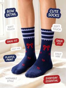 5 Pairs Japanese Style Red Bow Mid-Calf Socks For Women, Lace Trim Striped Socks, Sweet Girl Style Versatile Slouch Socks - Multicolor - View 6
