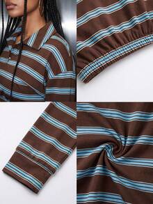 Women's Casual Striped Collar Button Oversized Micro Cropped Long Sleeve Tops For Daily,Winter Fall Clothes,Fall Winter Outfit,Going Out Tops - Coffee Brown - View 6