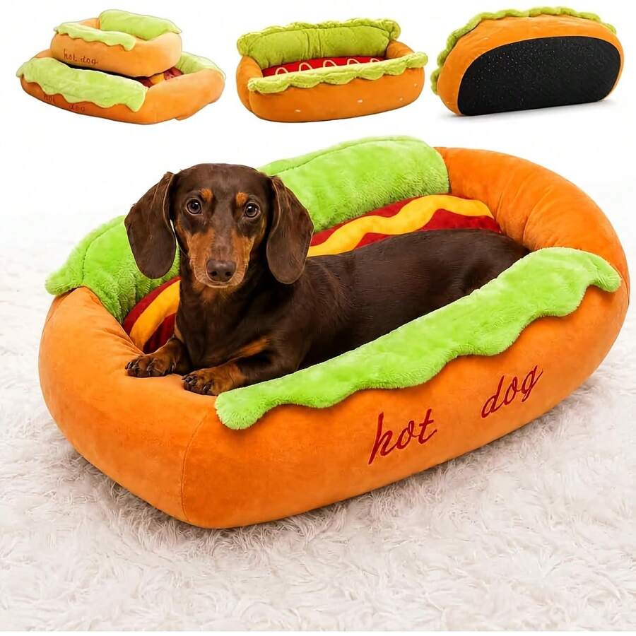 Cute Bread Hot Dog Shaped Dog Bed, Cat Bed, Removable Washable Pet Mat, Comfortable Soft Small Pet Sofa, Non-Slip Bottom Design