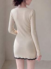 Gaun Sweater Mini Rajut Wanita, Desain Renda, Lengan Panjang, Potongan Ramping, Busana Modis untuk Musim Gugur/Dingin - Aprikot - View 2